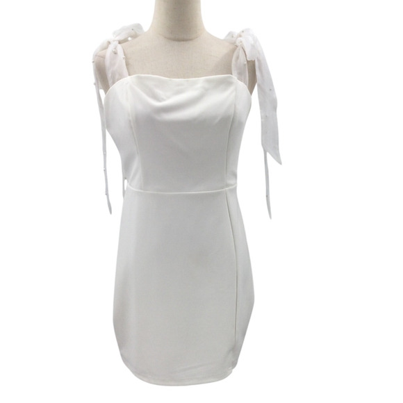 LULU'S SZ L Beaming Perfection White Pearl Organza Tie-Strap Mini Dress NEW B60 - Picture 2 of 8